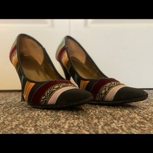 Multi pattern fabric high heels